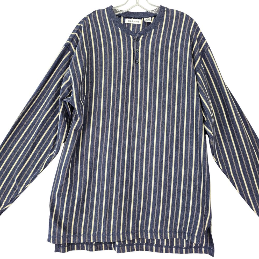 Claiborne Men Blue Henley Shirt Button Round Neck Stripe Long Sleeves Top Size L